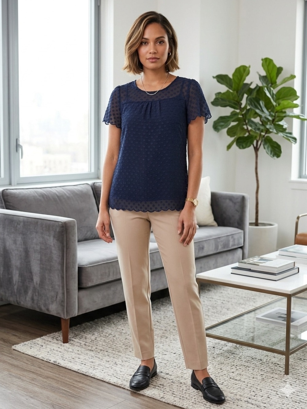 MAEVE Navy Swiss Dot Flutter-Sleeve Top. Size 10